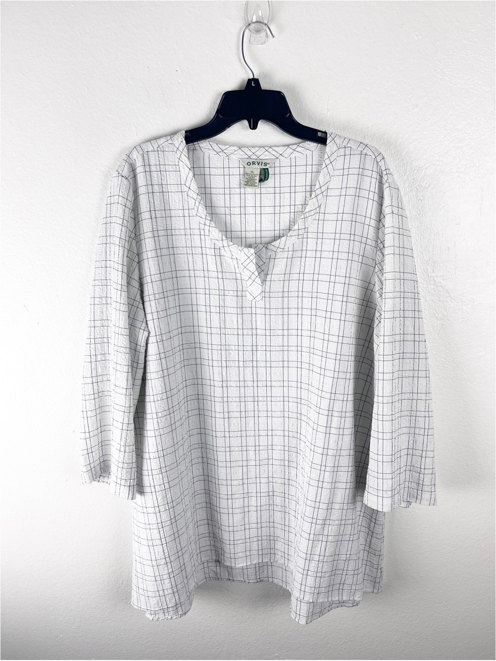 ORVIS White Window Pane 3/4 Sleeves Tunic Top Size XL Casual Lightweight Modest